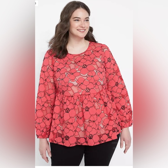 Lane Bryant Rouge Red Lace + Mesh Babydoll Tunic Top Blouse Plus Size 18 - Picture 1 of 10